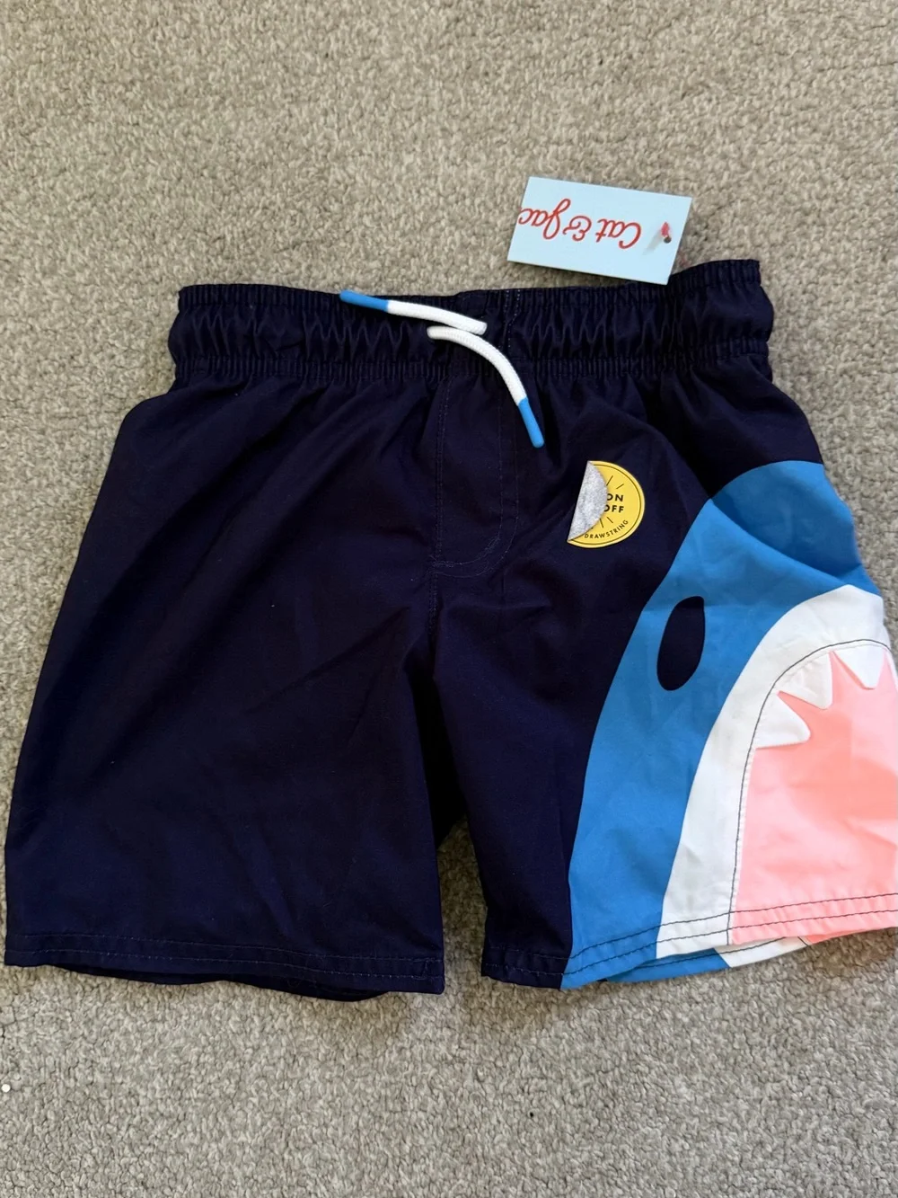 NWT Cat & Jack Navy Lined Swim Shorts with Blue and Pink Shark Boys 4T
